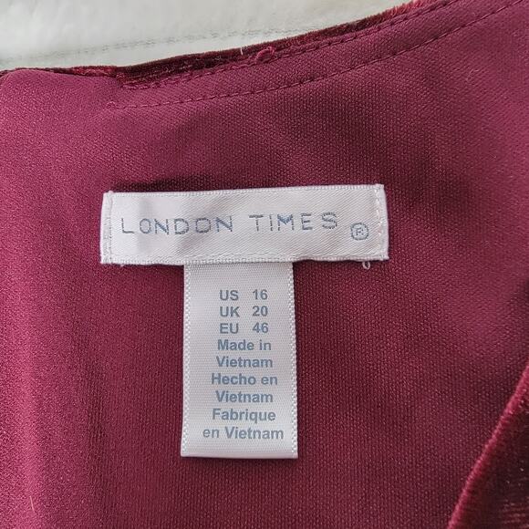 London Times Burgundy Velvet Sleeveless Midi Dress 16 Romantic Elegant Cocktail - Picture 6 of 8